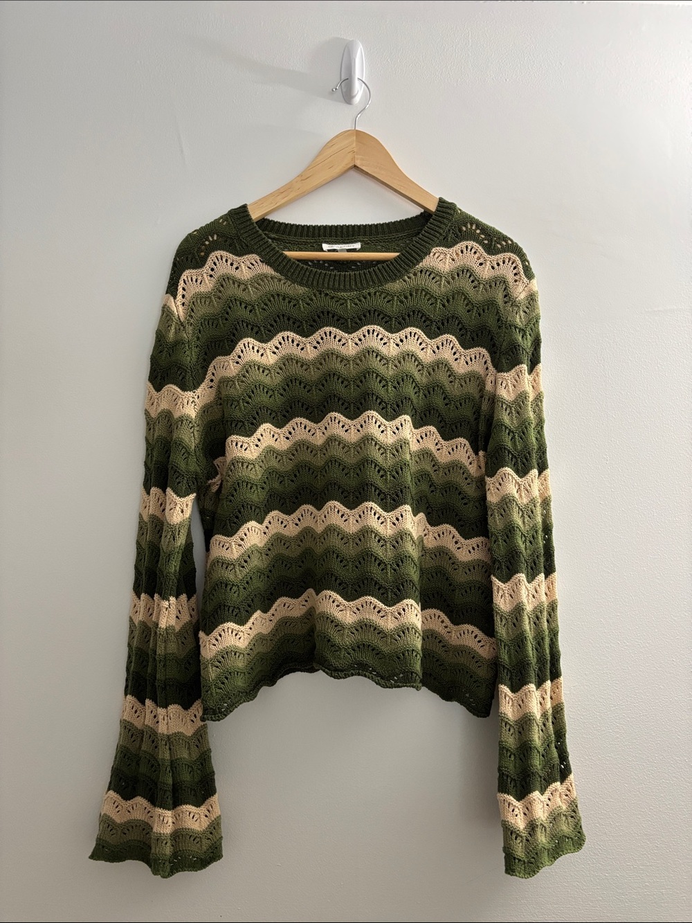 Women’s Olive & Cream Striped Crochet Crew Neck Sweater
